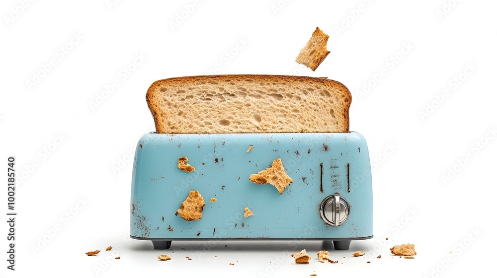Poster closeup of a damaged vintage toaster with dents and a broken lever isolated on a clean white backgro
