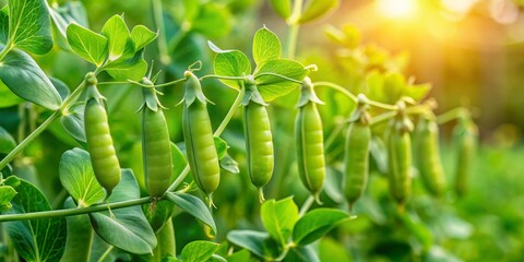 In a radiant summer garden, young organic green pea pods dangle from sun-kissed bushes, contributing to a lively,