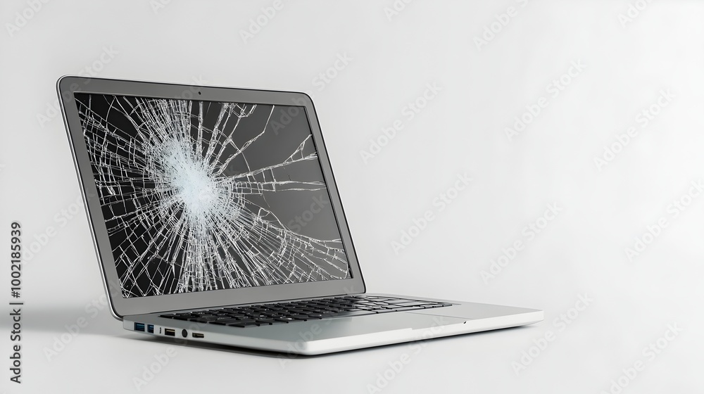 Aufkleber closeup of a dented and cracked metal laptop with non functioning keys isolated on a plain white bac