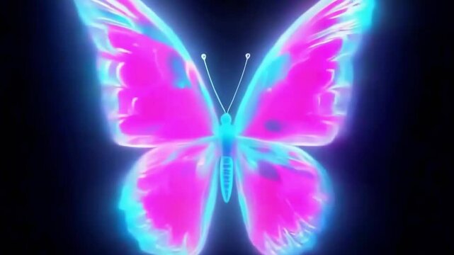A vibrant pink and blue butterfly with glowing wings against a black background. The butterfly's wings are iridescent and create a mesmerizing effect.