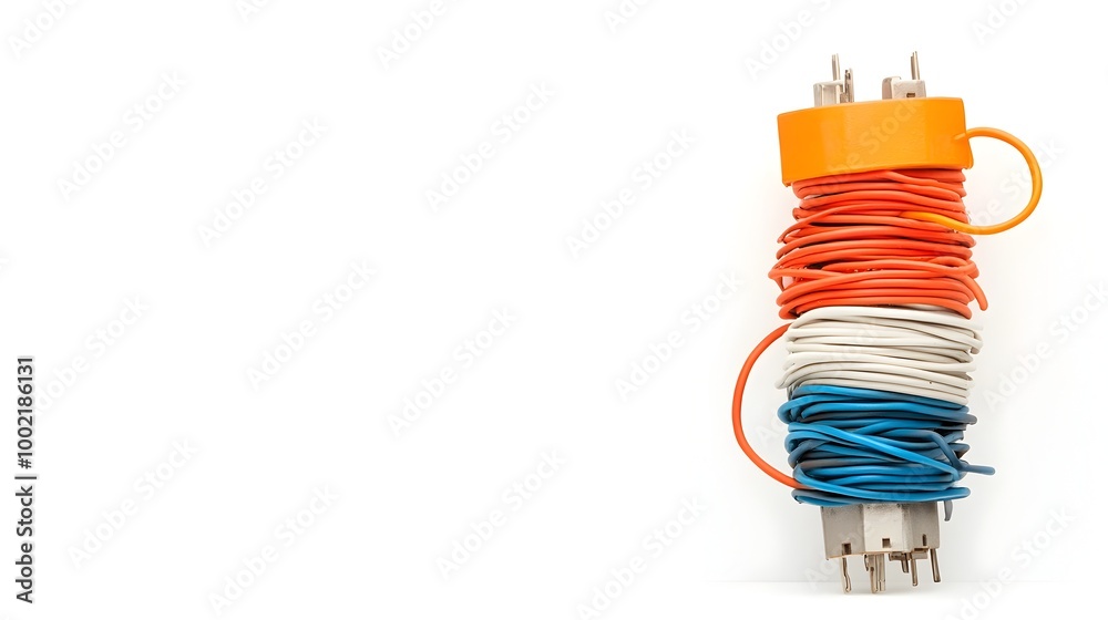 Aufkleber closeup of a frayed and tangled electrical extension cord with exposed wiring isolated on a clean wh