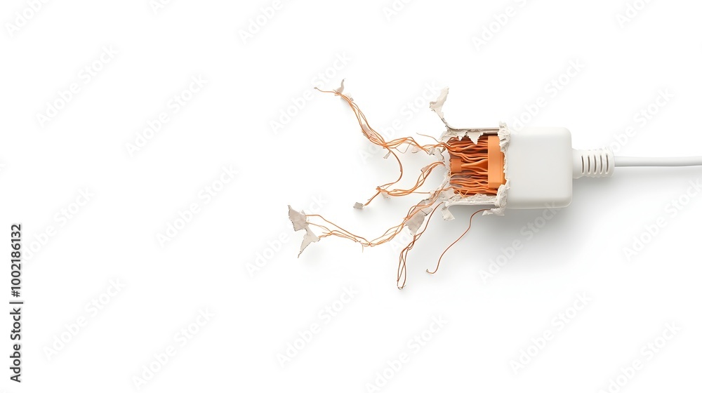 Poster closeup of a frayed and tangled electrical extension cord with exposed wiring isolated on a plain wh