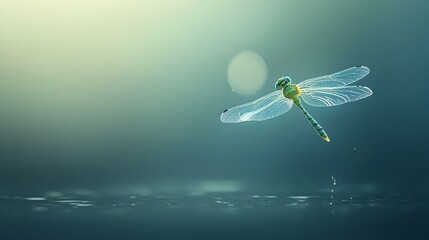 Closeup of a delicate dragonfly hovering gracefully above the calm reflective surface of a tranquil pond or lake