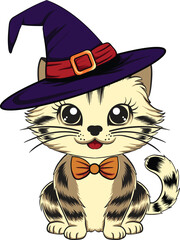 a cat wearing a witch hat with a bow on it