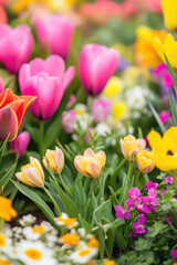 Obraz premium A vibrant garden full of colorful tulips and various flowers in full bloom, showcasing shades of pink, yellow, and orange creating a lively spring atmosphere.