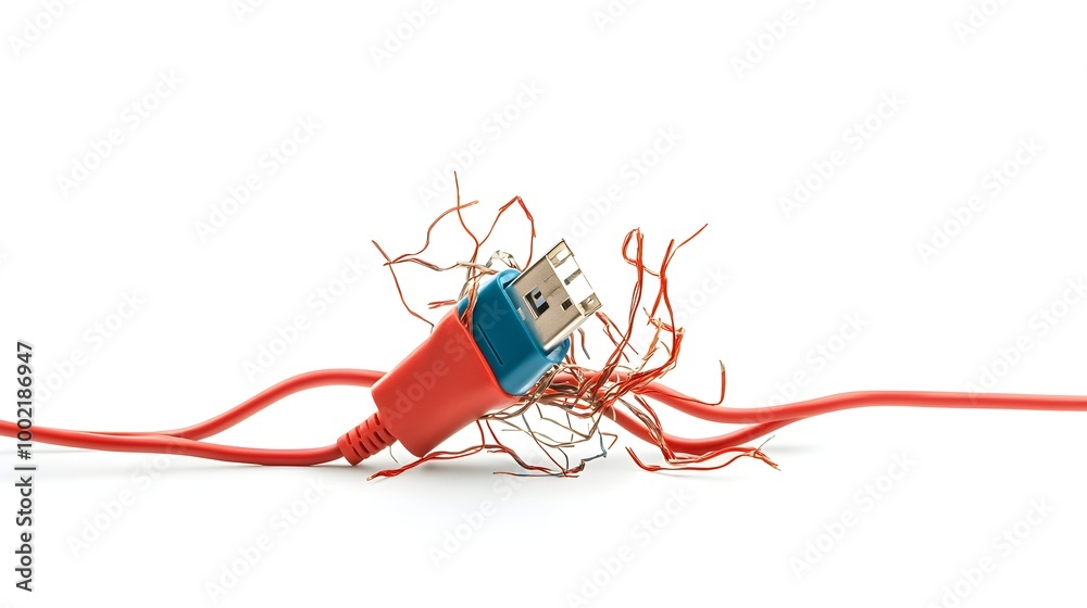 Poster closeup of a tangled and frayed electrical charging cable or cord that is no longer functional isola