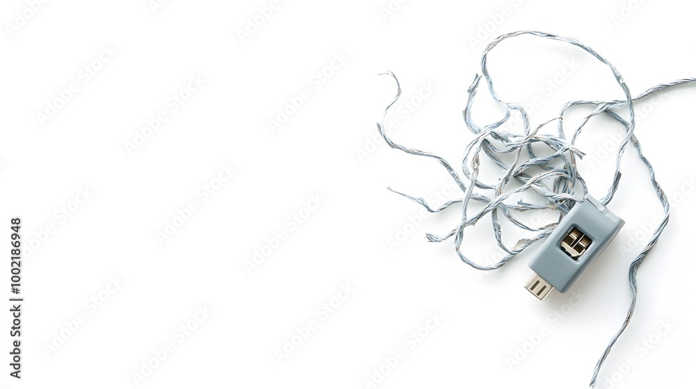 Poster closeup of a tangled and frayed charging cable no longer usable isolated on a plain white background
