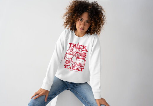 Mockup Of Woman Wearing Customizable Sweatshirt, Sitting