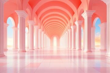 Fototapeta premium A serene corridor with pink arches and pillars, bathed in warm light, creating an ethereal atmosphere.