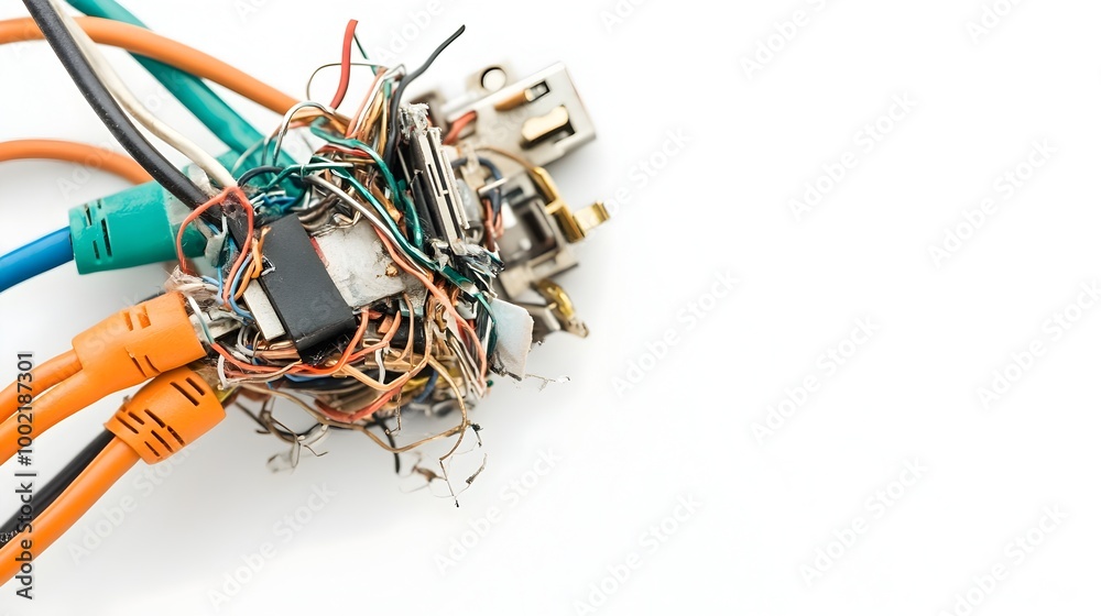 Poster closeup of a worn and broken laptop charger with exposed wires and connectors isolated on a plain wh