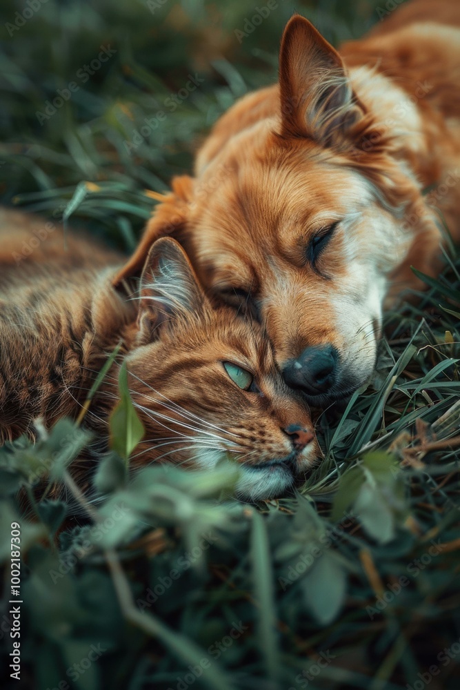 Canvas Prints A cat and dog cuddle together in the grass. AI.