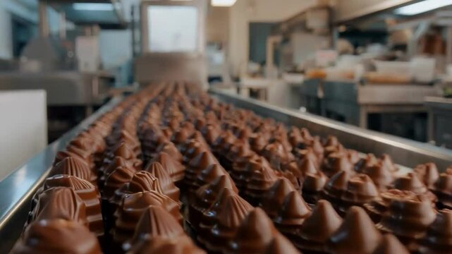 Chocolate production process in a bustling factory during daylight hours