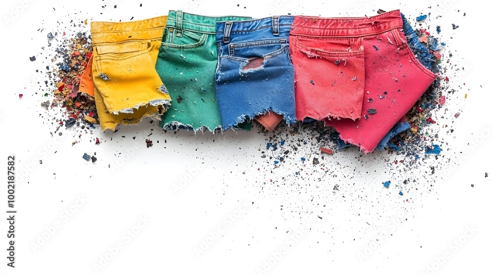 Poster closeup of a worn and weathered pair of denim jeans with large holes and frayed tattered edges isola