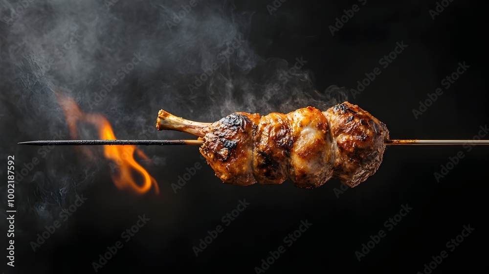 Poster closeup of whole skinned rabbit roasting on a spit over an open flame with crispy golden brown skin 
