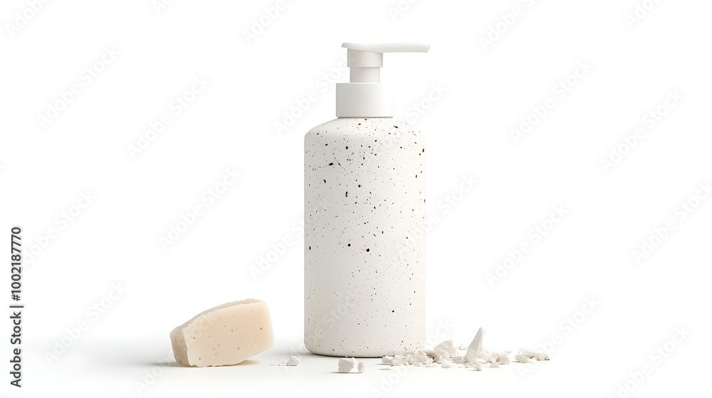 Poster closeup view of a broken and damaged soap dispenser with cracked surface and jammed pump mechanism i