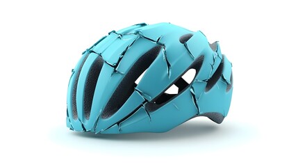 Closeup view of a broken and cracked bicycle helmet with visible dents and damage isolated against a plain white backdrop  The helmet appears worn and discarded