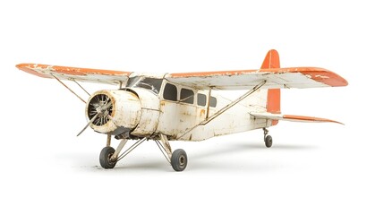 Closeup view of a broken and damaged model airplane with missing wings and bent landing gear isolated on a clean white background  The toy aircraft appears to be in disrepair
