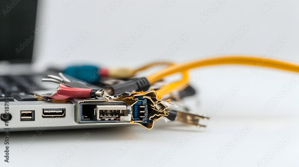Poster closeup view of a damaged laptop charger with exposed wires and broken or malfunctioning connectors 