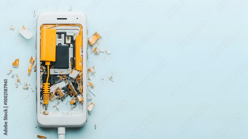 Poster closeup view of a damaged and worn out phone charger with frayed wires and a broken plug isolated on