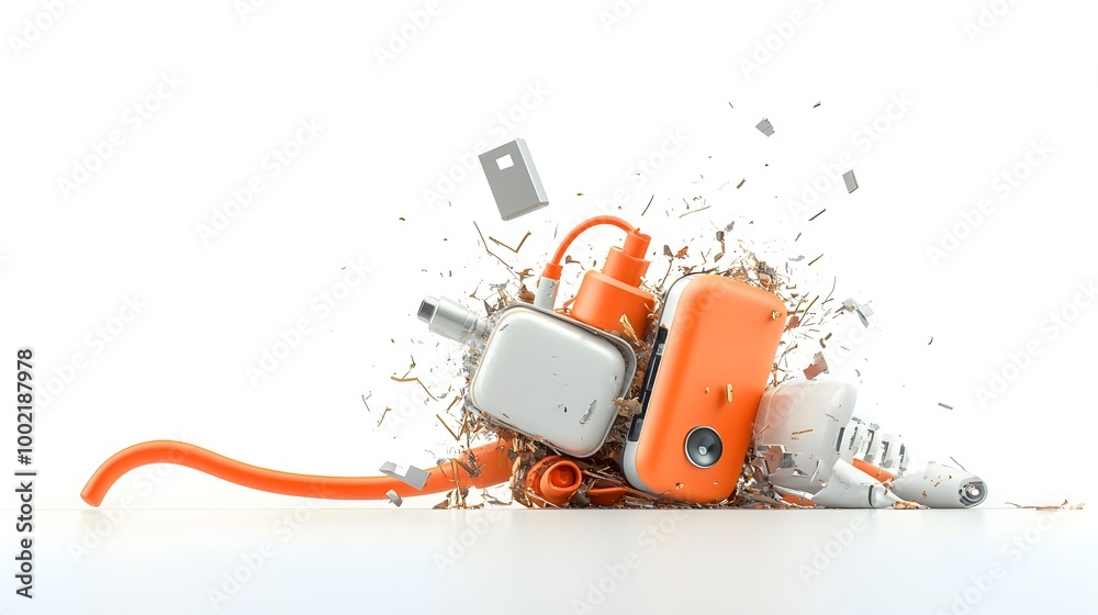 Poster Closeup view of a damaged phone charger with frayed wires and a broken plug isolated on a plain white background  The charger appears to be malfunctioning or in need of replacement