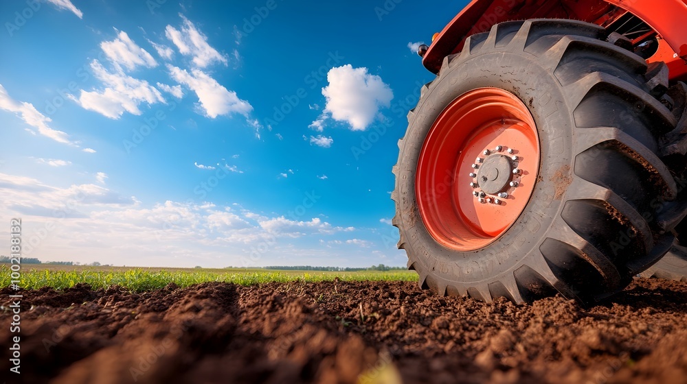 Aufkleber closeup view of a large sturdy tractor tire resting on freshly tilled and plowed fertile soil in a r