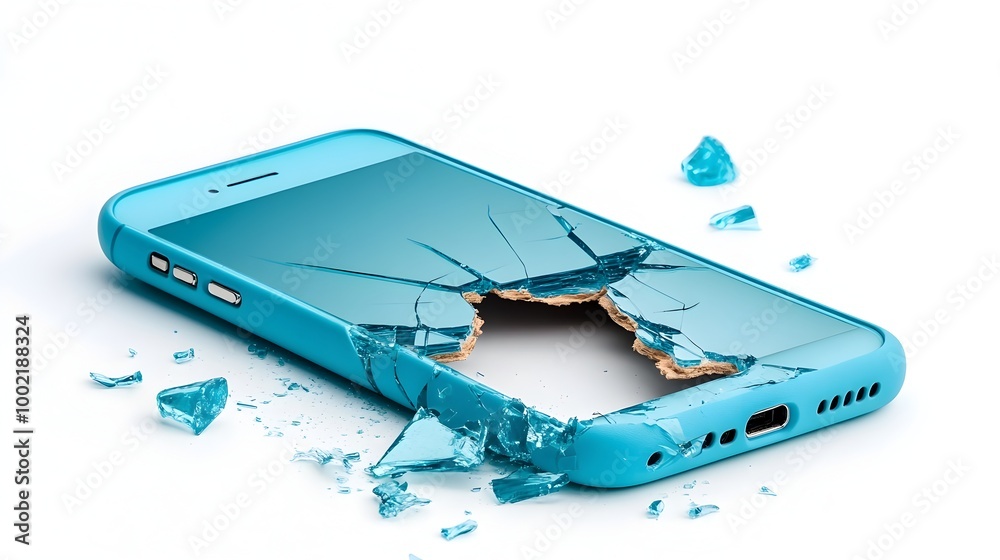 Aufkleber Closeup view of a severely damaged and cracked cell phone case isolated on a clean white background  The case appears heavily worn and fragmented with missing corners and a distressed