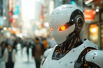 Fototapeta premium Close-up of a futuristic robot with glowing orange eyes standing in a busy city street.