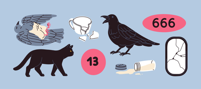 Superstition symbols, bad luck bringers set. Unlucky signs, black cat, crow, raven, numbers 13 and 666, broken mirror and cup, spilled salt, dead bird. Misfortune warnings. Flat vector illustrations