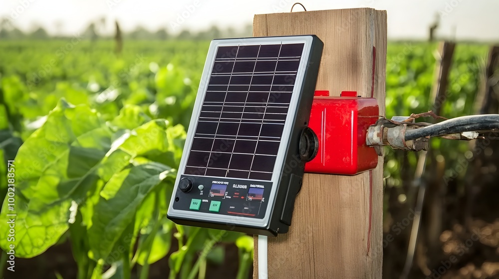 Poster closeup view of a solar powered irrigation controller device mounted on a fence in a rural farm land