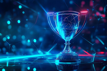 Champion trophy with futuristic technology. Blue neon background.