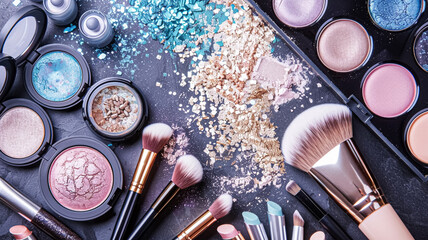 Make-up cosmetic product, beauty products and cosmetics swatch sample flatlay, various makeup brand tools as glamour fashion night out background idea