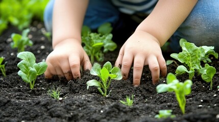A child's hands gently nurture young plants in the garden.