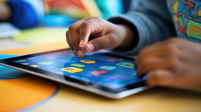 A child's hand uses their finger to select an app on a tablet. - Powered by Adobe