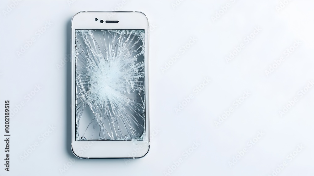 Poster cracked and shattered smartphone screen isolated on clean white background abstract digital technolo