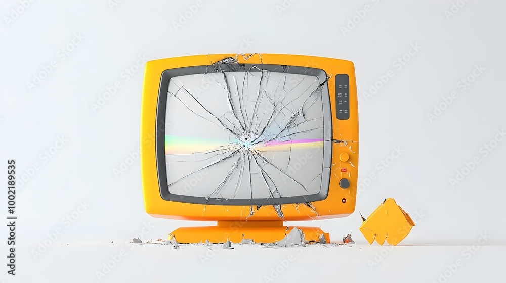 Poster Cracked and unusable television screen with colorful rainbow lines and glitch distortion across the display isolated on a plain white background  This abstract and surreal digital image has a retro