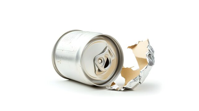 Crushed and flattened tin can isolated on a clean white background  Discarded and unusable industrial metal container product with a squashed crumpled and damaged appearance