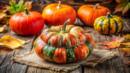 Rustic wooden table showcases a vibrant turban squash, making it an excellent accent for autumn decor and