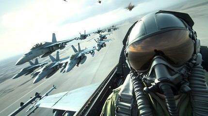 Fototapeta premium Cutting edge fighter jets from a squadron soar in a tightly coordinated formation