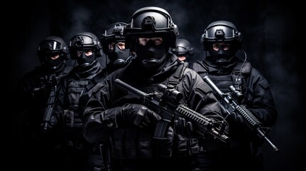 Elite tactical unit preparing for mission in low-light environment with advanced weaponry