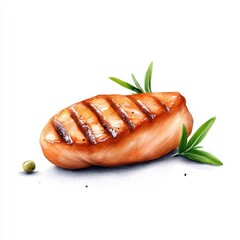 Watercolor-style chicken steak, isolated on a white background, soft and inviting in its presentation.