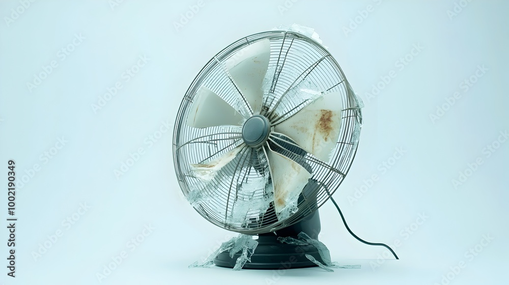 Poster damaged broken and non functional fan with missing or destroyed blades isolated on plain white backg