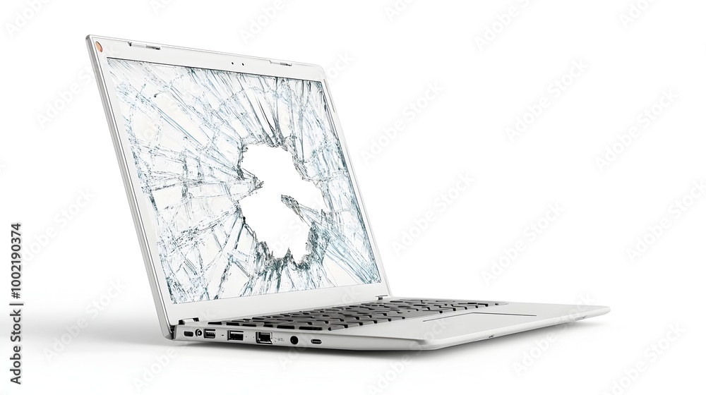Poster damaged metallic laptop with cracked screen and non functioning keys isolated on clean white backgro
