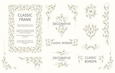 Classic elegant decor.  Set of frames, monograms and borders. Graphic design pages.