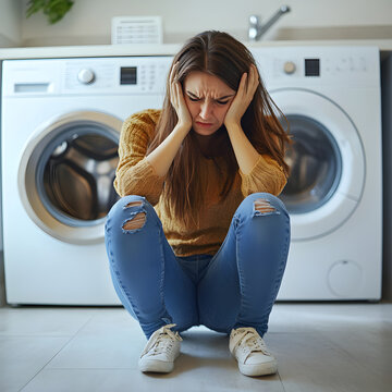 Sad young woman holding her head in hands in front of broken washing machine