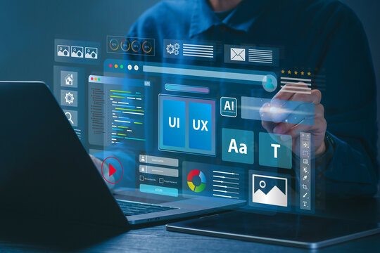 Web UI-UX design, web development concept. A web developer works on a website, surrounded by holographic displays of code, icons, and data visualizations. Web design, application design, coding.