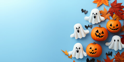 Obraz premium Halloween pumpkins and ghost decorations on blue backdrop