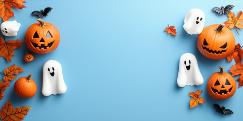 Halloween pumpkins and ghost decorations on blue backdrop