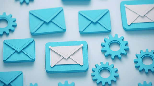 Marketing email flow, strategic plan, automation gears, 3D illustration