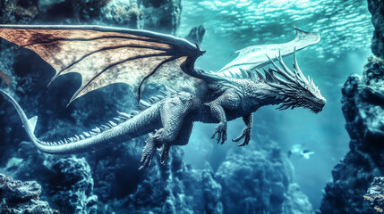 In an enchanting underwater world, a magnificent dragon soars through crystal-clear waters, weaving past coral formations and hidden treasures of the deep