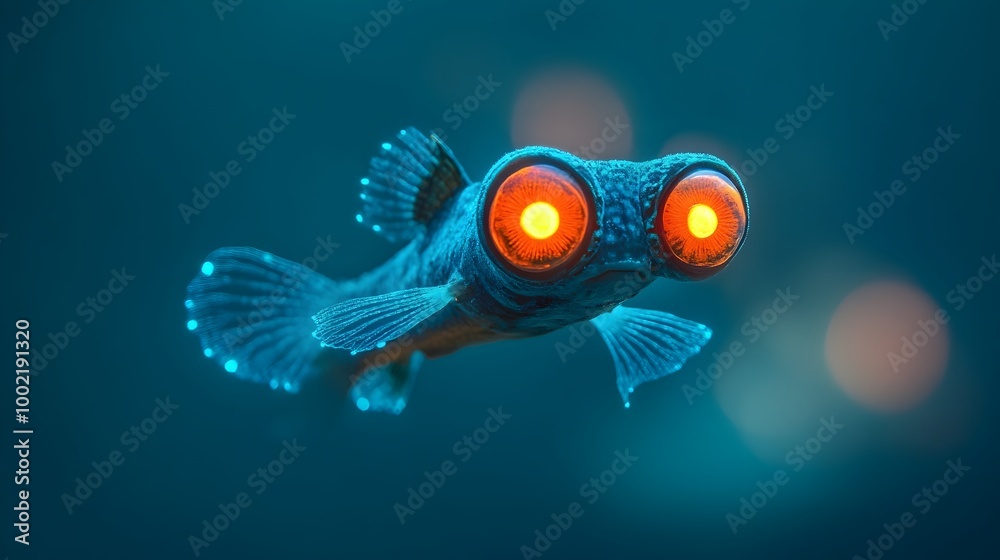 Poster detailed close up photograph of a flashlight fish with glowing bioluminescent patches under its eyes
